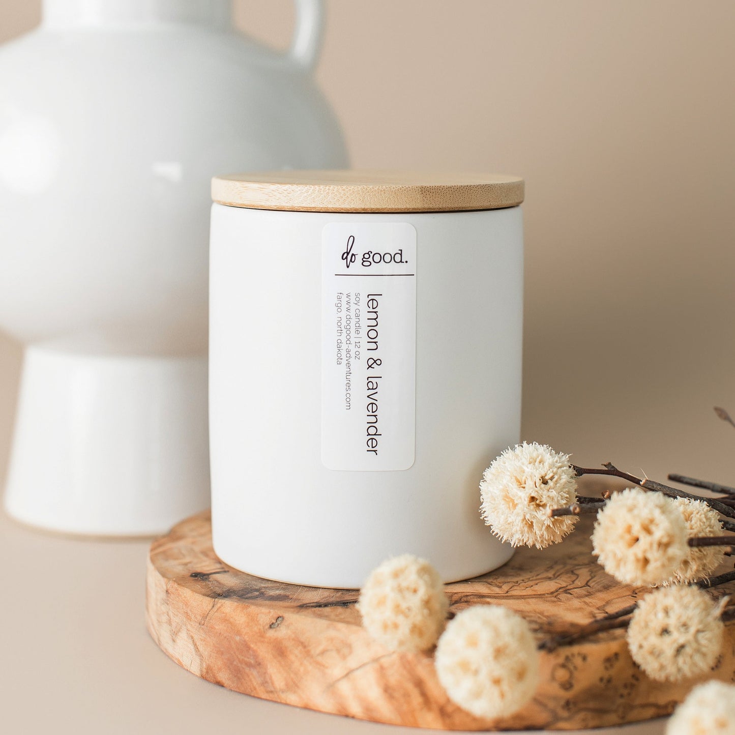 photo of lemon lavender soy candle in signature white collection
