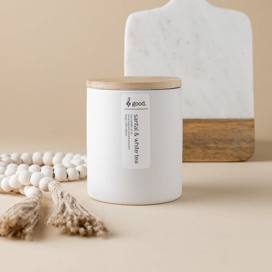 santal & white tea signature white soy candle - do good adventures